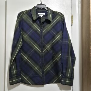 Foxcroft Women's Wrinkle Free Shaped Navy and Olive Plaid Shirt
